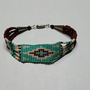 Handcrafted Native American Beaded Bracelet - Turquoise and Red